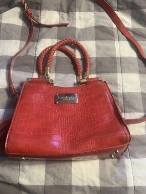 bebe Red Croc-Embossed Braided-Handle Satchel with Crossbody Strap